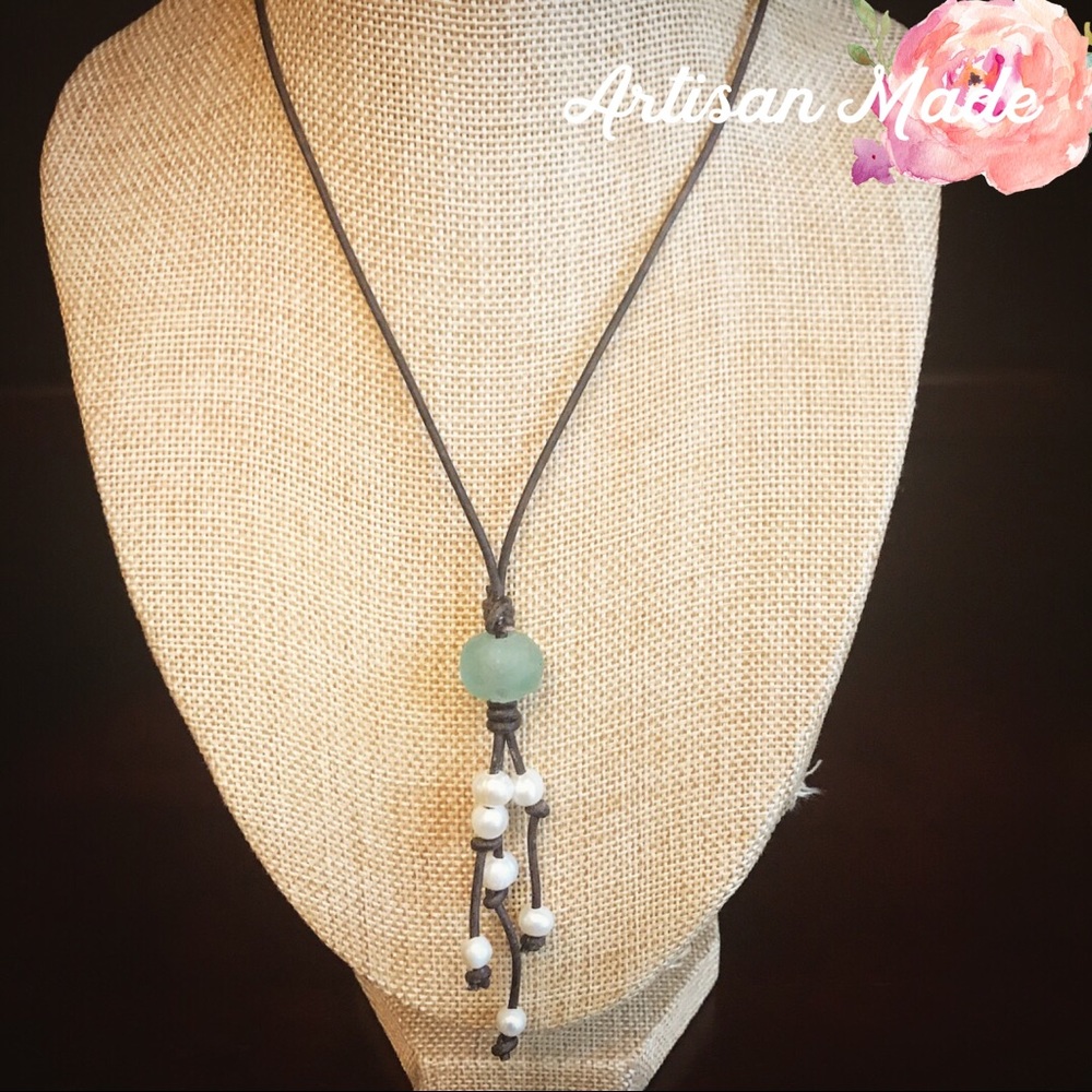 NEW Sea Glass Pearl Leather Boho Necklace