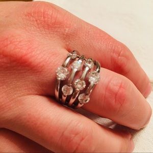 Silver and crystal stacked cocktail ring size 7