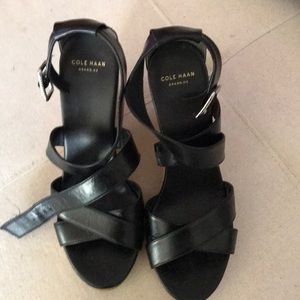 Black leather wedges