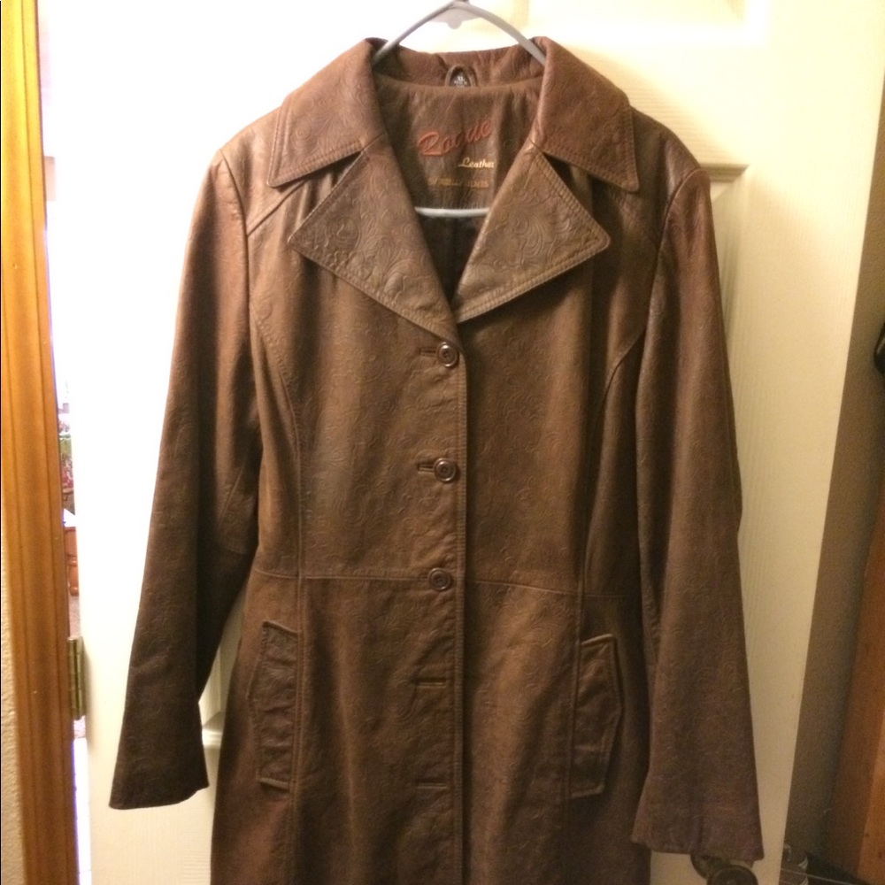 Rogue Brown Long Leather Trench Coat Jacket XL