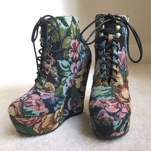Floral Tapestry Platform Wedge Lace-Up Boots