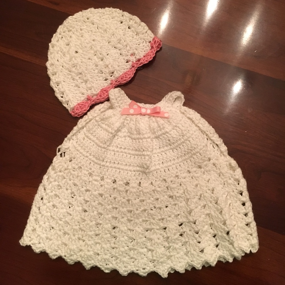 Hand crocheted baby halter dress with hat