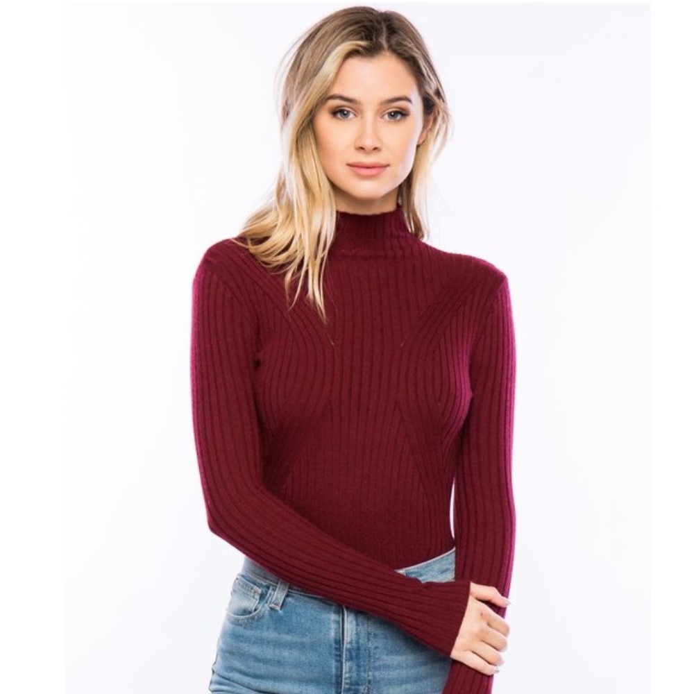 Burgundy Long Sleeve Turtleneck Sweater Bodysuit