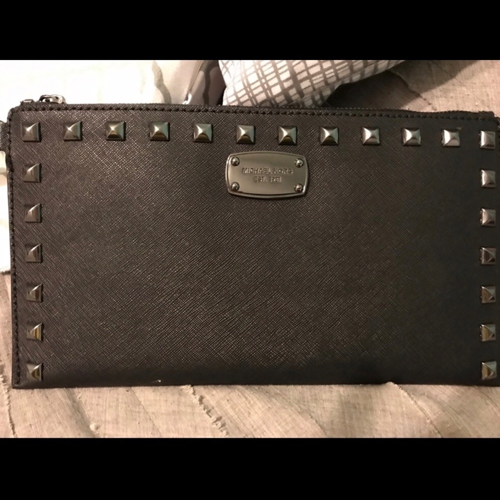 MK Black Studded Saffiano Clutch