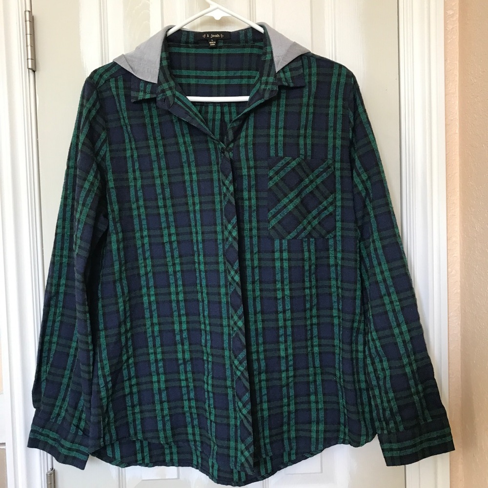Green and blue light flannel with gray hood