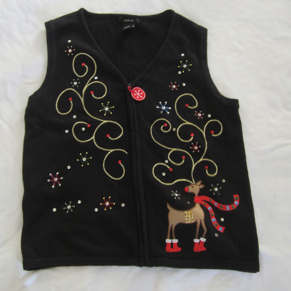 Womens Christmas Large Black Sweater Vest Rudolph