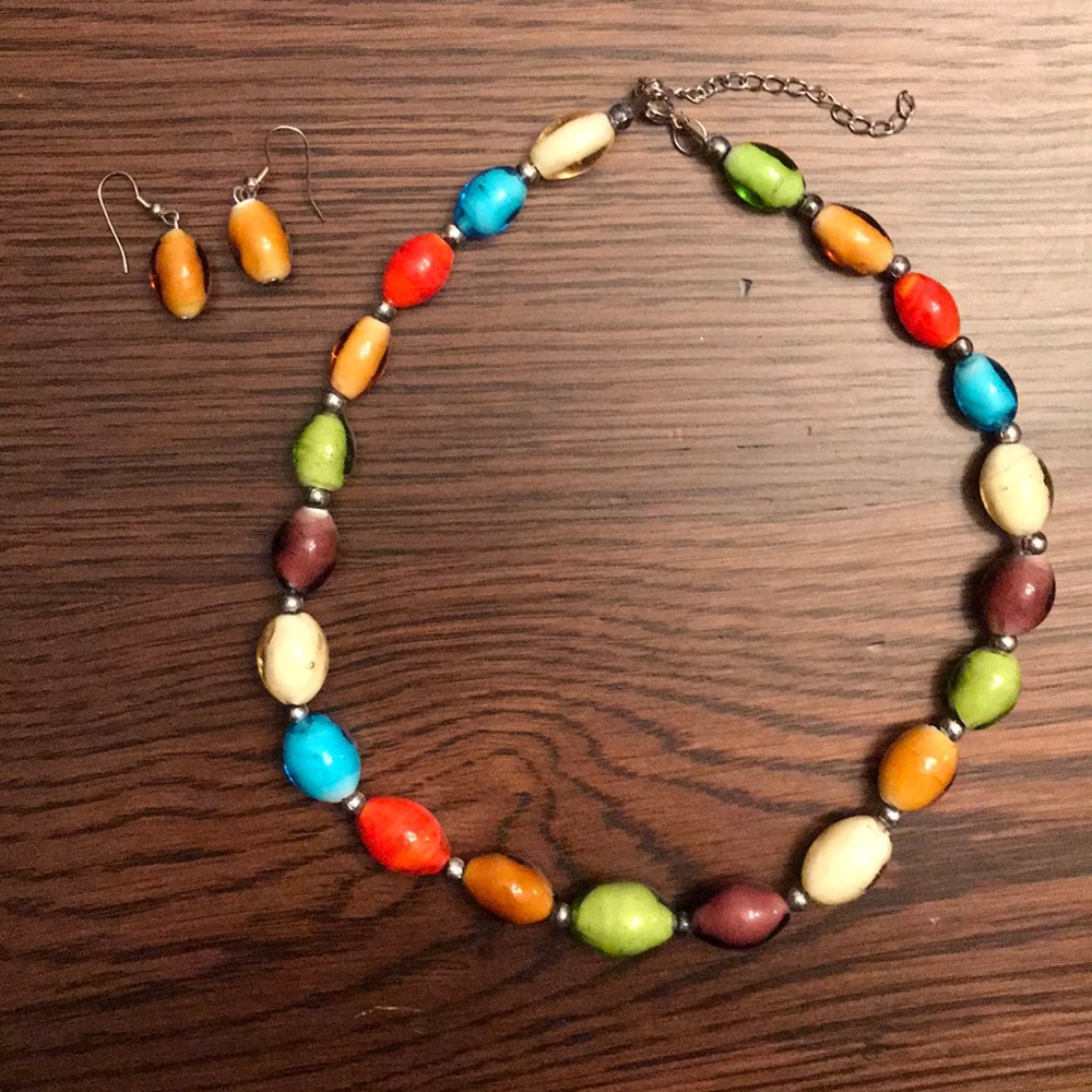 Colorful glass beaded necklace and earrings