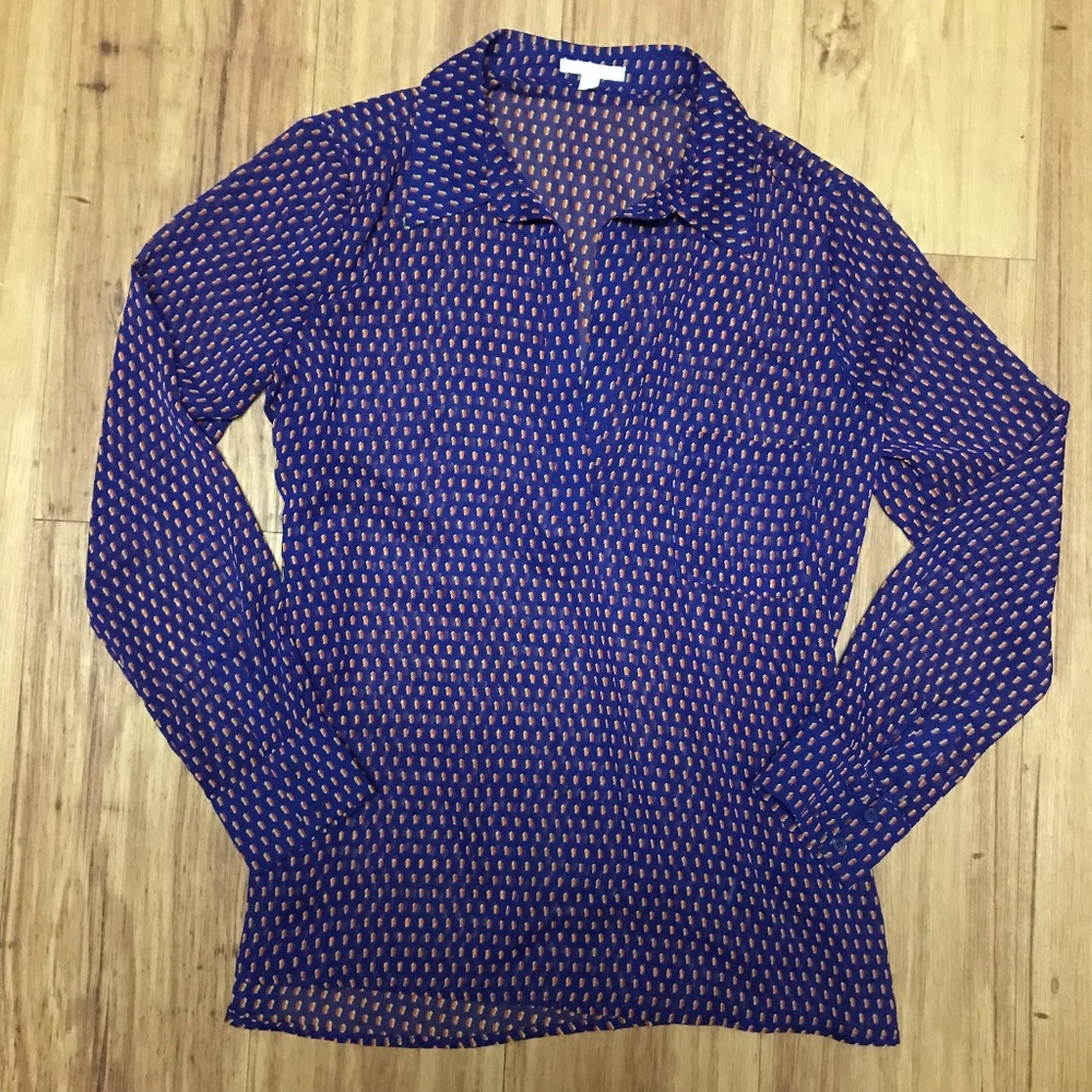 Pleione Blue & Orange Flowy Long Sleeve Blouse