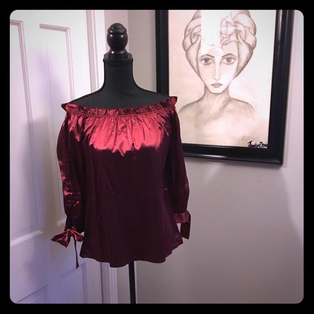 Silky red, maroon, burgundy off shoulder top