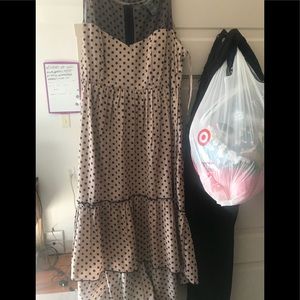 A satin polka dots tan and navy blue multi length