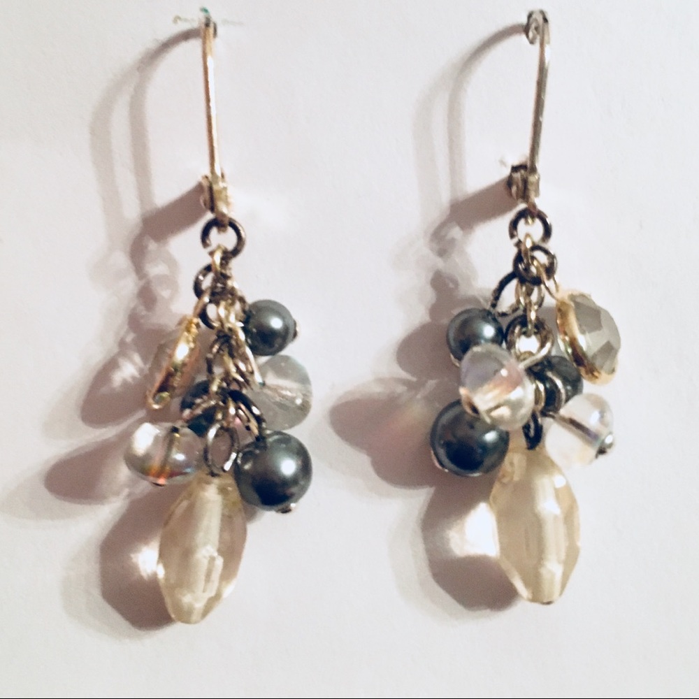 Black pearl and crystal cluster dangle earrings