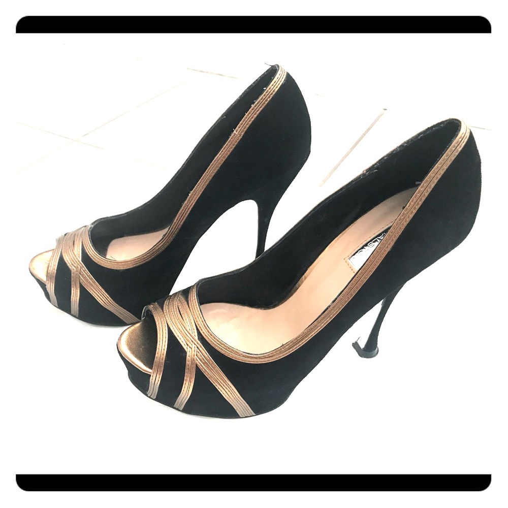 H by Halston black and gold peep toe heel sandal