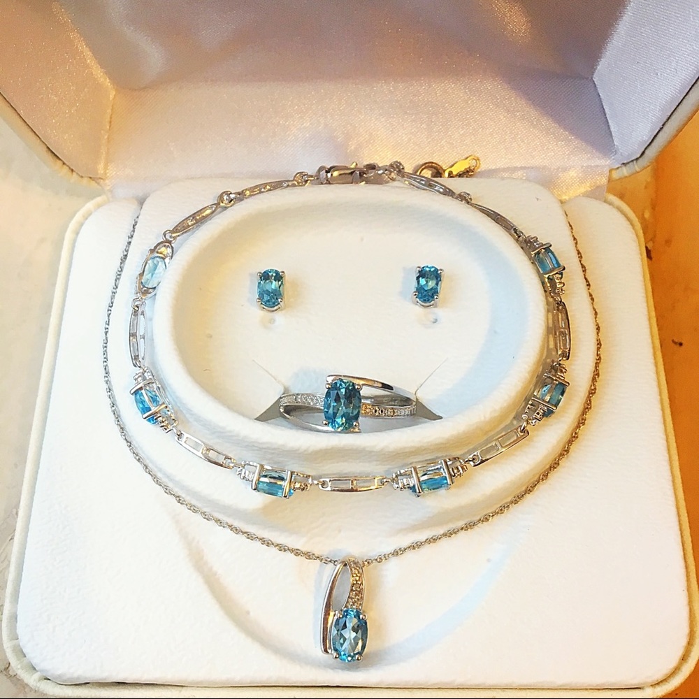 Silver Jewelry Box Set Blue Topaz & Diamond
