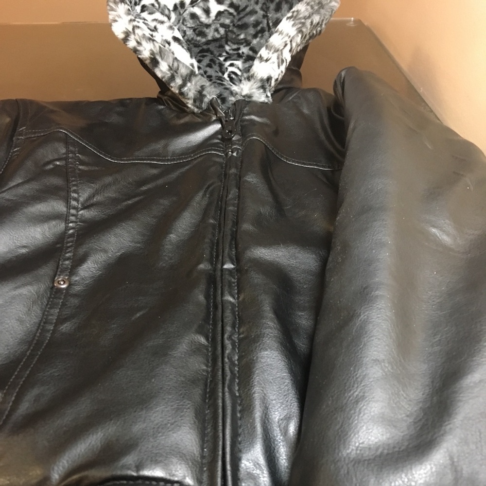 Leopard lined faux leather girls coat