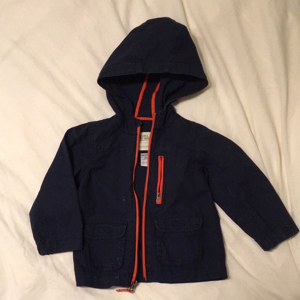 Hooded jacket. Navy blue with orange accents.