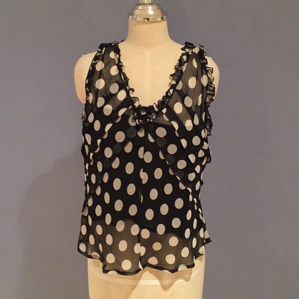Black/White Polka Dot Silk Top Sleeveless Size L