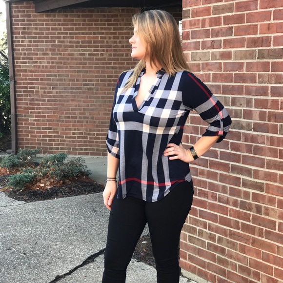 LAST ONE! Navy Plaid Top - Picture 2 of 6