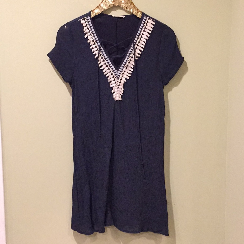 V-neck Navy Dress with Cream Fringe