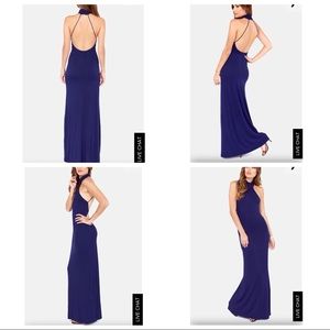 LuLus Navy Maxi Dress with High Neck and Open Back
