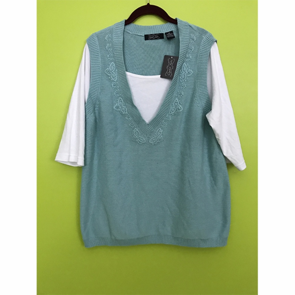 Crystal Kobe Inset White Teal Sweater Sz 0X