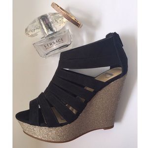 Elle Glitter Black Strappy Wedges