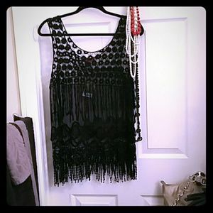 Black sheer & crochet top w/ fringe