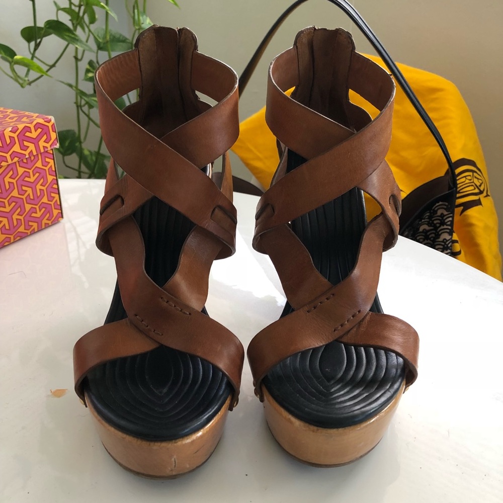 Vintage Givenchy Crossover Leather Strap Wooden Platform heels