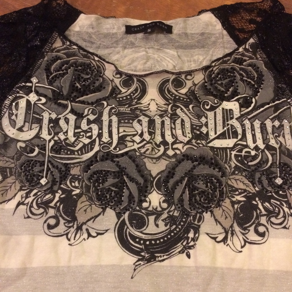 Crash & Burn Buckle Sparkly Lacy Top, Size S