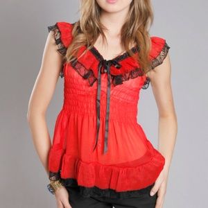 Red Black Fringe Lace Sheer Ruffle Top Size S M L