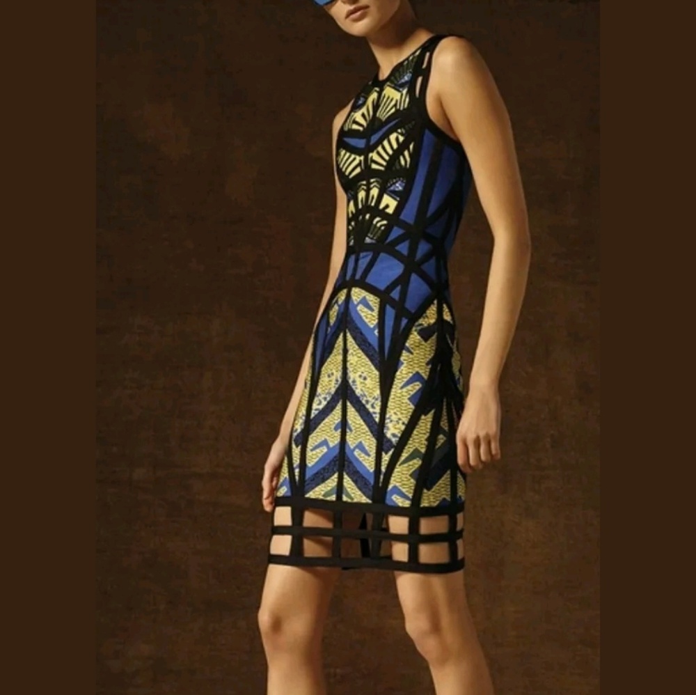 sz L Blue Tribal Cutout Caged Cutout Bandage Dress
