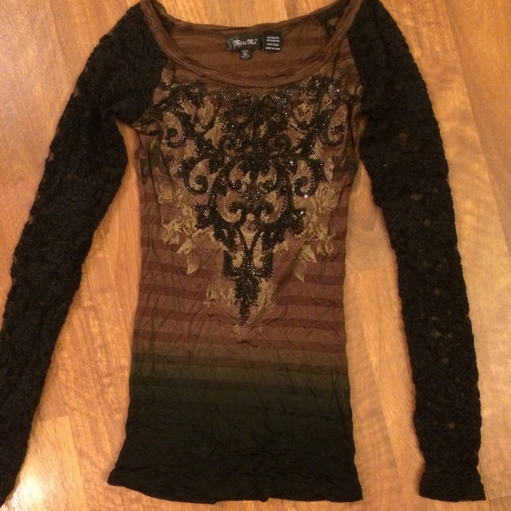 Miss Me Embellished & Lacy Long Sleeve Shirt, XS