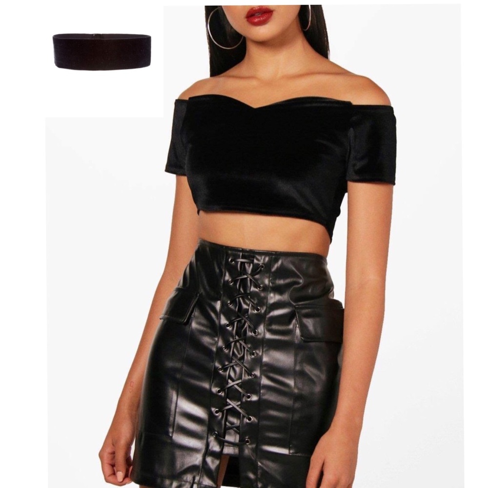 BLACK VELVET CROP TOP OFF THE SHOULDERS 🖤