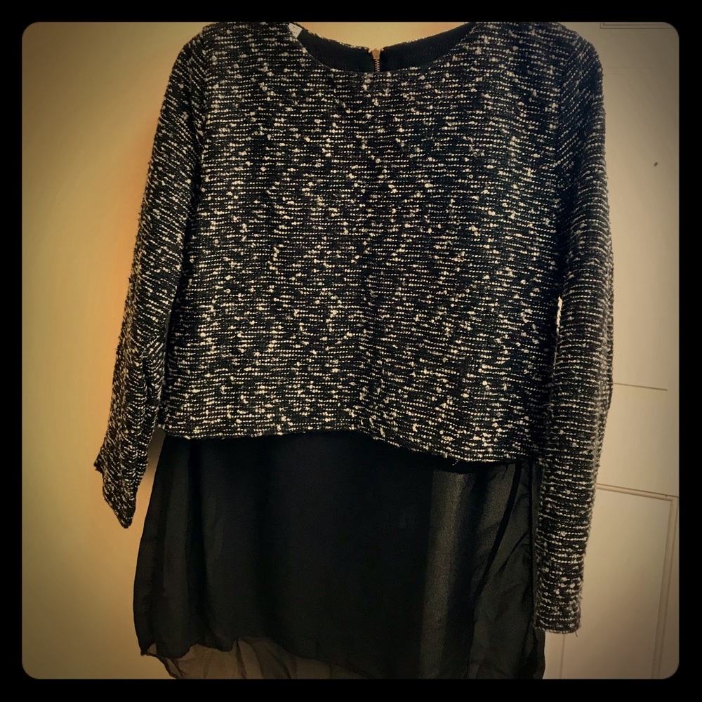 Tweed Crop Sweater, 3/4 sleeve, sheer long layer