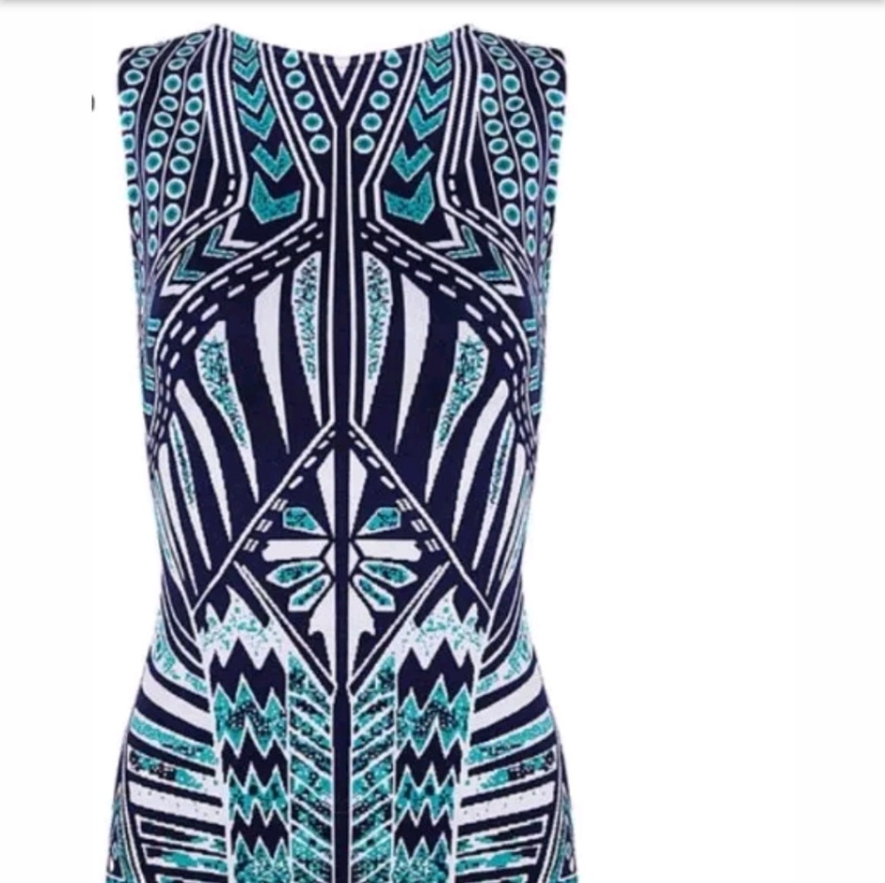 Geo Print Sz L Jaquard Bandage Knit Sheath Dress