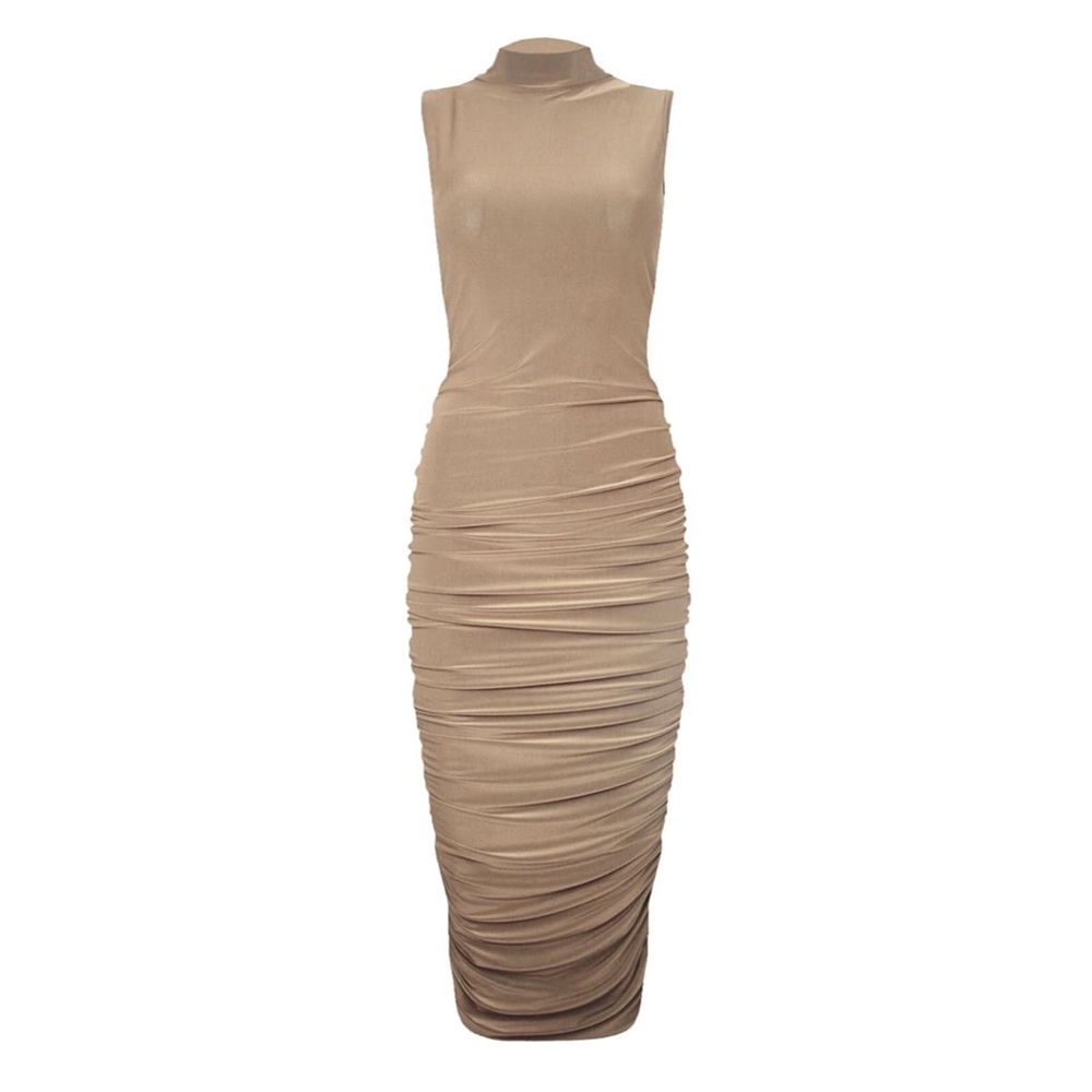 Mock Neck Ruched Midi Bodycon Dress