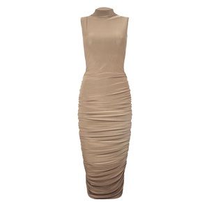 Mock Neck Ruched Midi Bodycon Dress