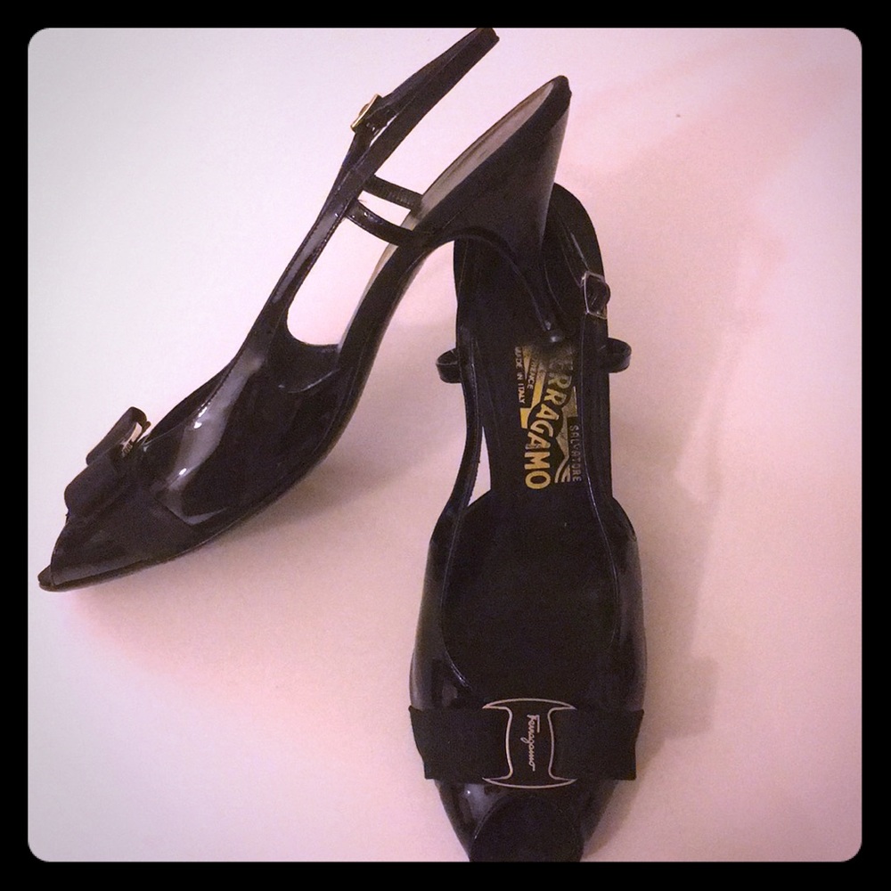 Salvatore Ferragamo black peep toe heels with bow