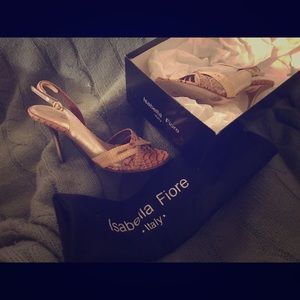 Isabella Fiore gold medley patterned strappy heels