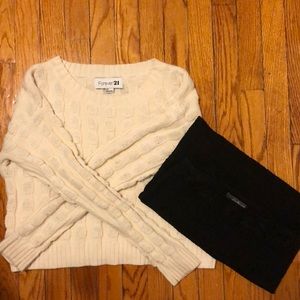 Warm cream sweater and black short skirt