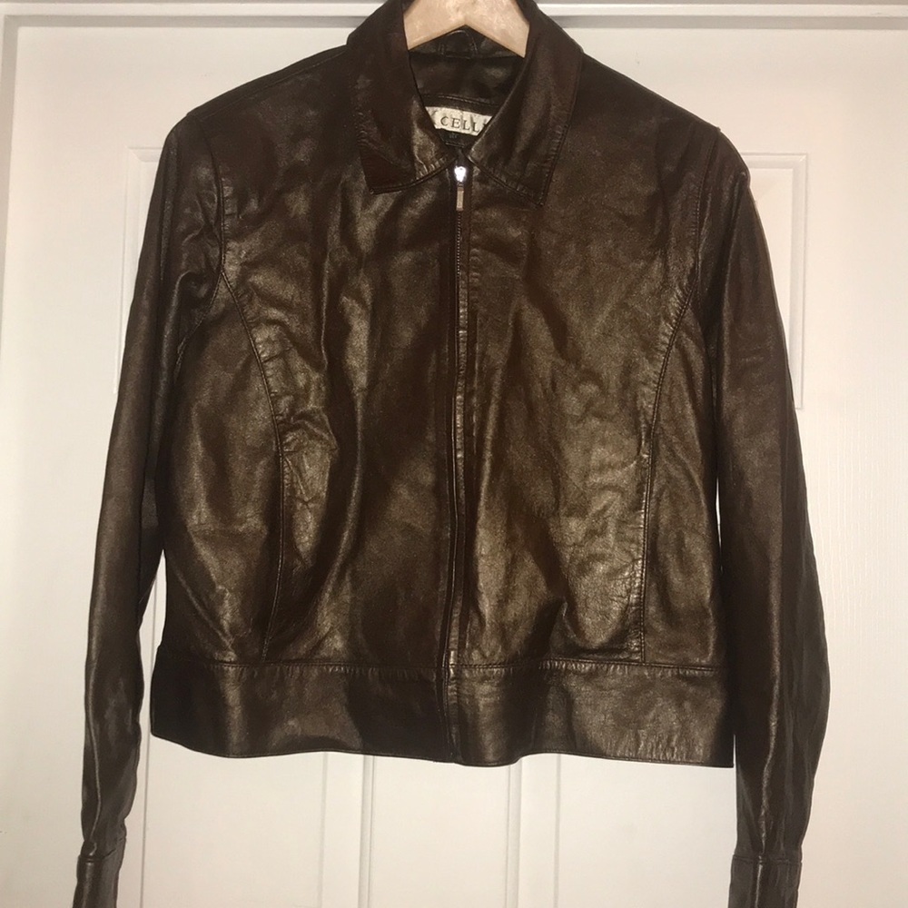 EUC bronze leather fully lined jacket size Large