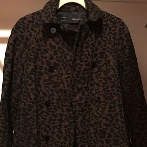 Zara Leopard Print Double Breasted Coat Women XS