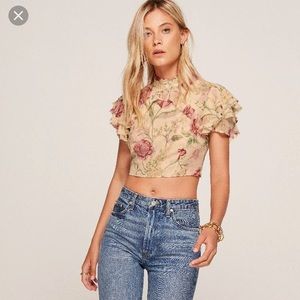 REFORMATION: Cropped, high neck chiffon fabric top