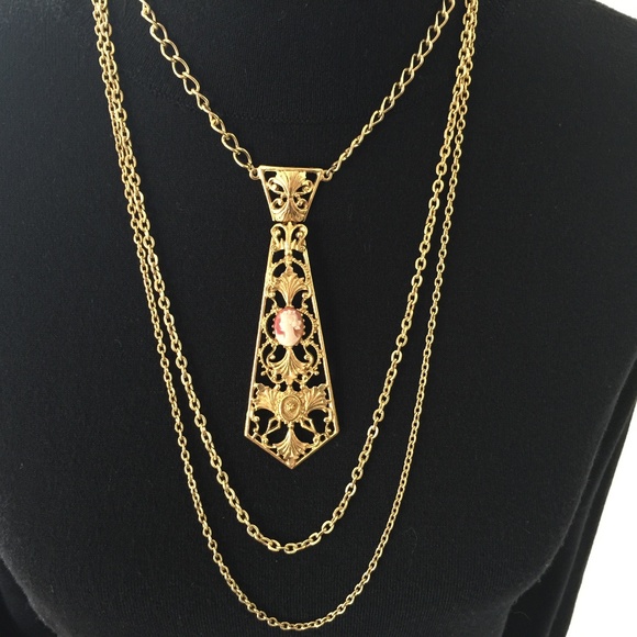 Florenza Jewelry - Vintage Florenza Cameo 3 Strand Tie Necklace