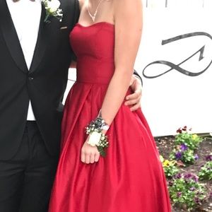 strapless red prom dress