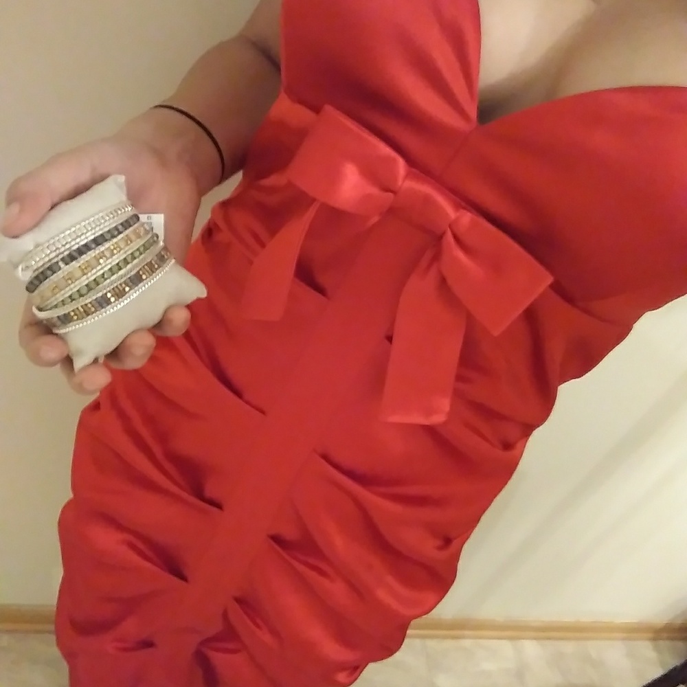 Beata Red satin Ruched bow dress