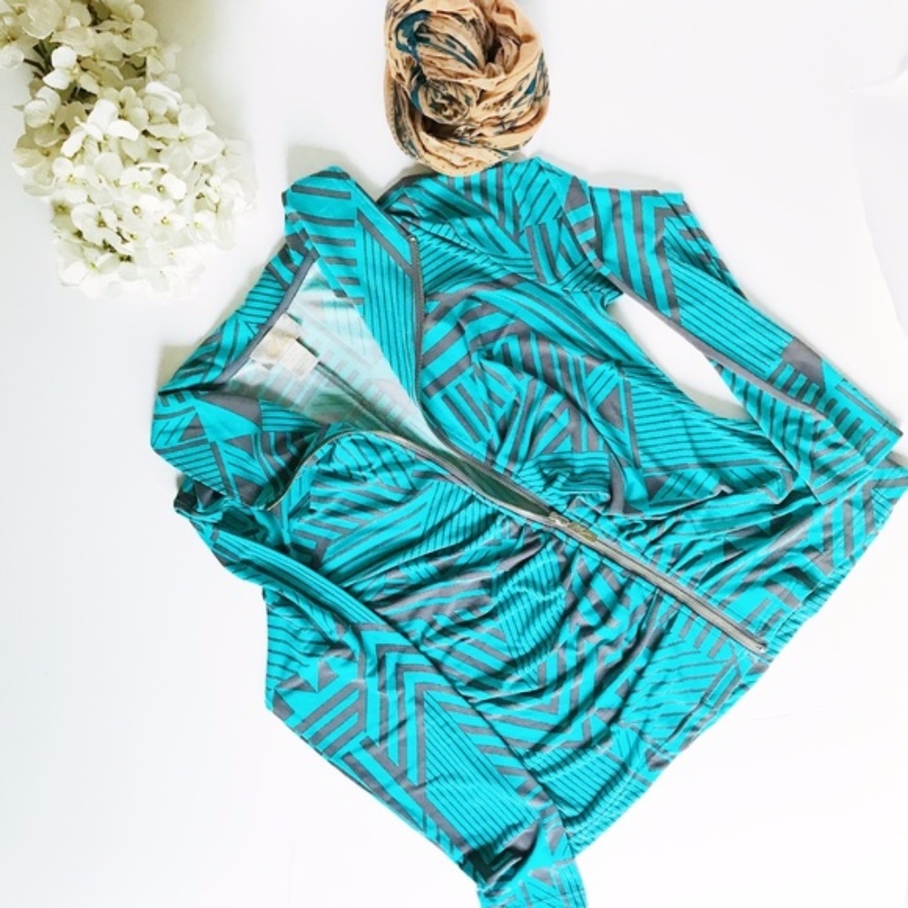 Midnight Velvet Aqua and Gray Zip up Jacket