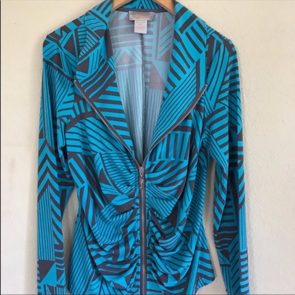 Midnight Velvet Aqua and Gray Zip up Jacket - Picture 3 of 5