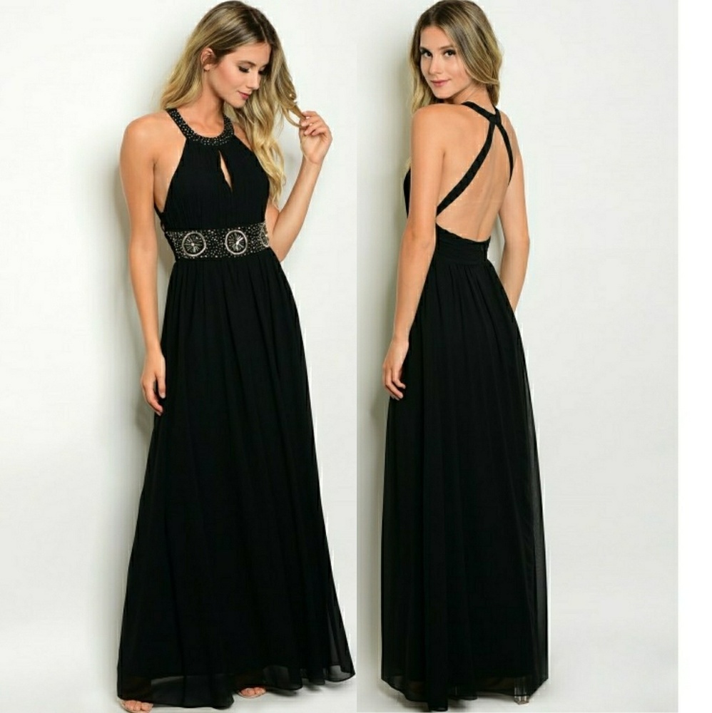 Black Embellished Open Back Gown - By Maniju