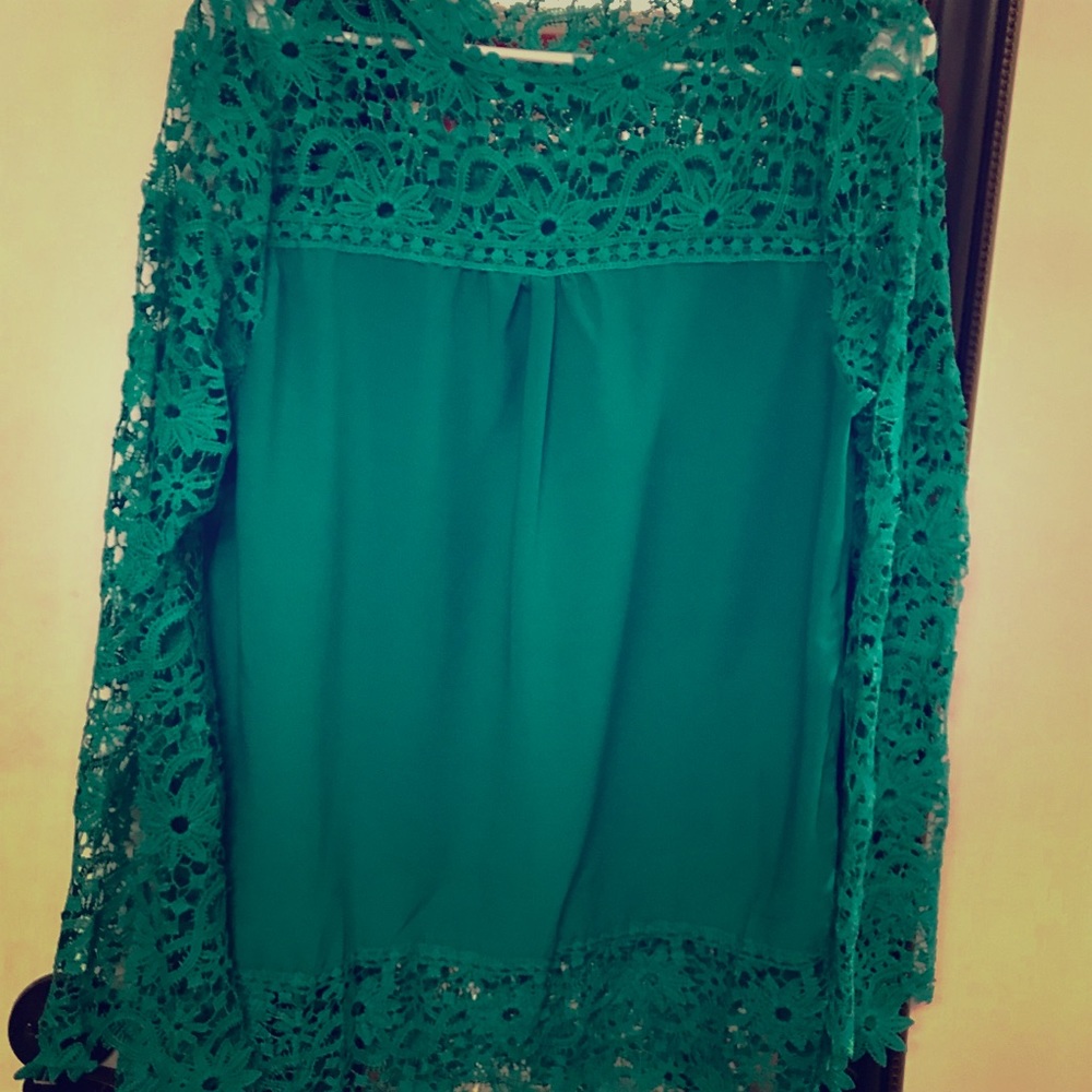 Chiffon blouse w/Crochet sleeve & shoulder TEAL