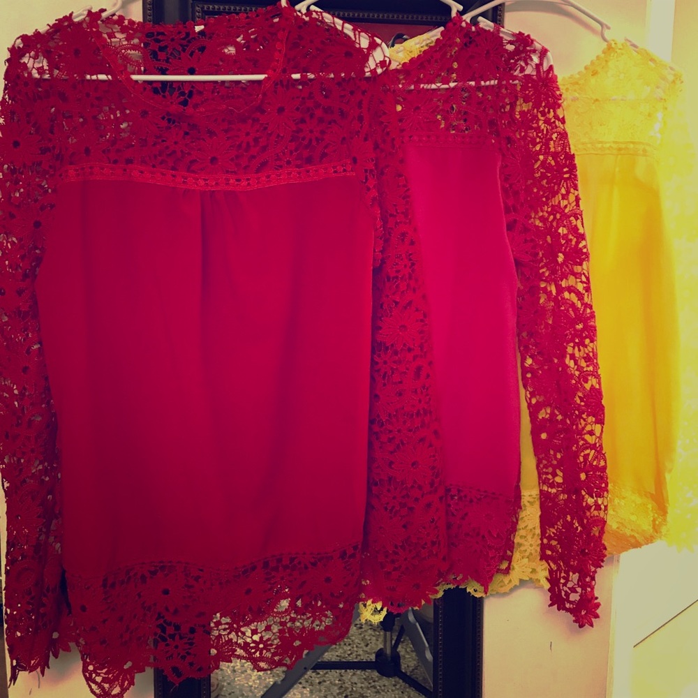 Chiffon blouse w/Crochet sleeve & shoulder RED